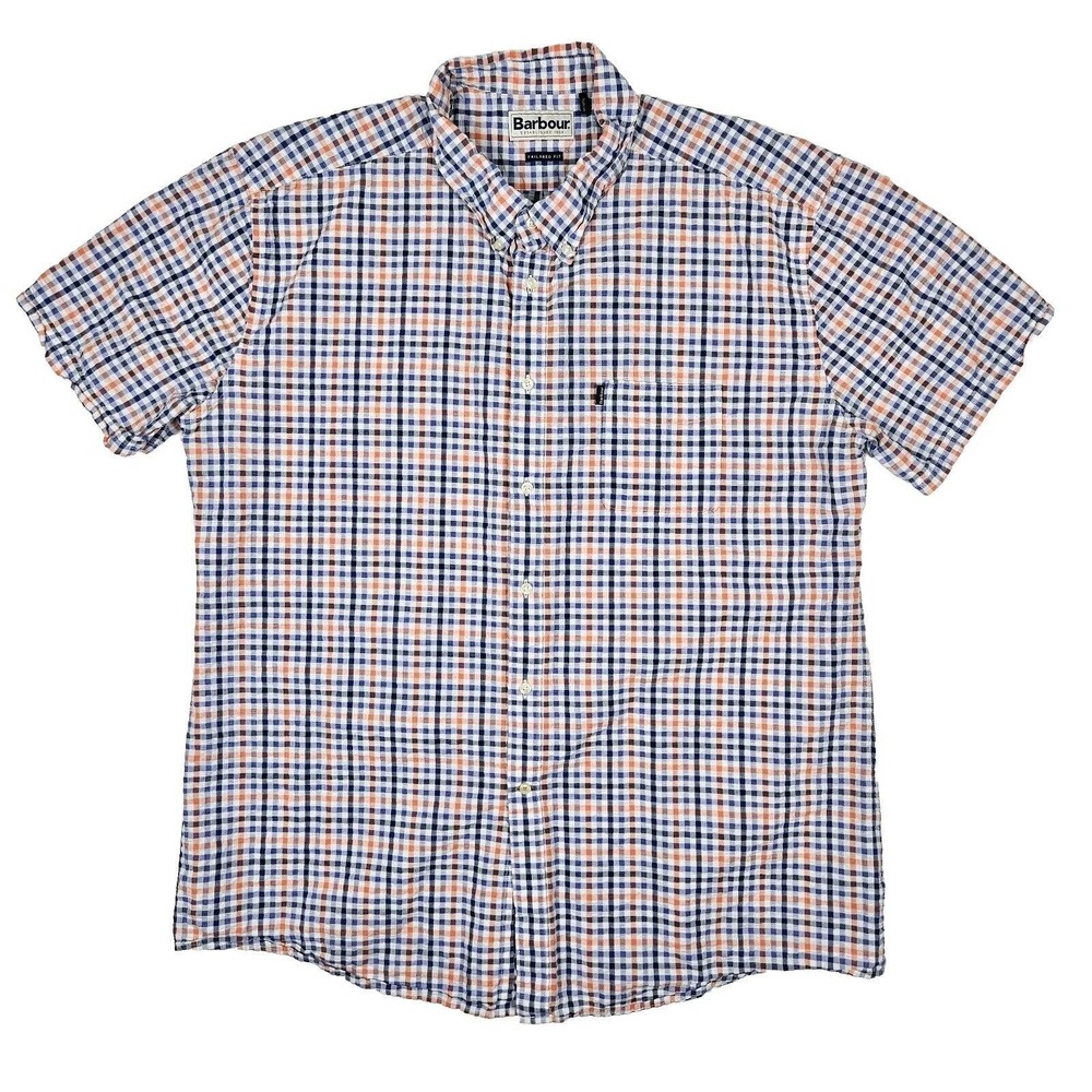Barbour (Mens XL) Checked Seersucker Tailored Fit Short Sleeve Button Up Shirt‎